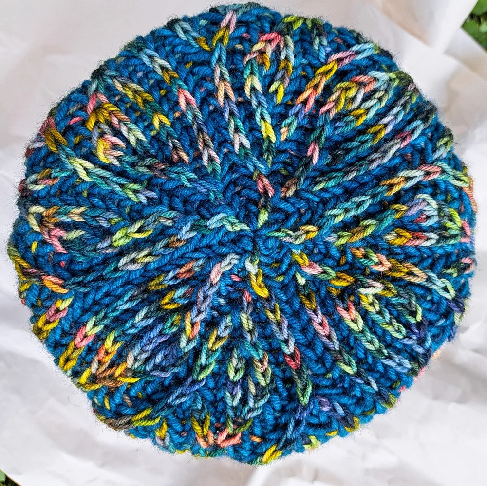 Knit Hat Warm Hand Dyed Soft Wool Green Multicolor Striped Brioche Stocking Cap - Picture 3 of 13